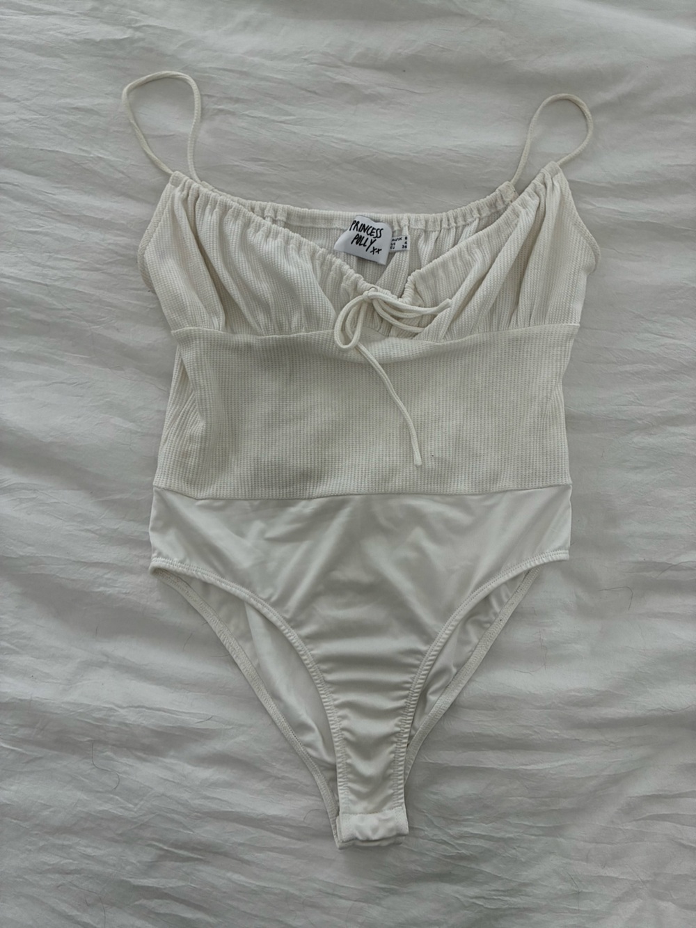 Princess Polly Cream Ribbed Tank Bodysuit with Tie Front